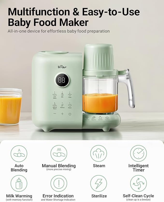 Bear Baby Food Maker Steamer&Blender with Dual-Layer Steam Baskets, 18.5oz | OneStep Baby Food Processor Puree Maker Grinder Mills Bottle Warmer, Sterili-zing for Healthy Homemade Baby Puree, BPA-Free