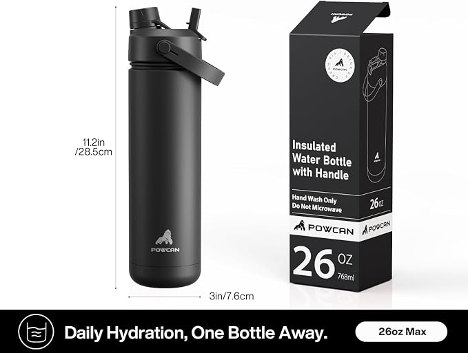 POWCAN 26 oz Insulated Water Bottle: Straw and Spout Lid, Glow-in-the-Dark | Leak-proof, Keep Cold 24H, Cupholder Friendly, BPA-Free, Stainless Steel Water Bottle for Gift, Hiking, Trip (Gilded Flutter)