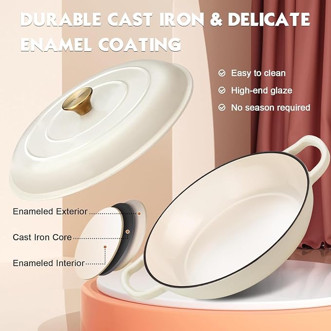 Overmont Enameled Cast Iron Dutch Oven - 3.8 QT Shallow Braiser with Recipe | Enameled Casserole with Lid Potholders, Oven Safe up to 500°F, Cast Iron Cookware for Grilling Searing Roasting Braising Bake