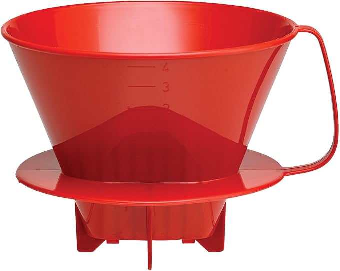 Fino Pour-Over Coffee Brewing Filter Cone, Number 4-Size, Red, Brews 8 to 12-Cups