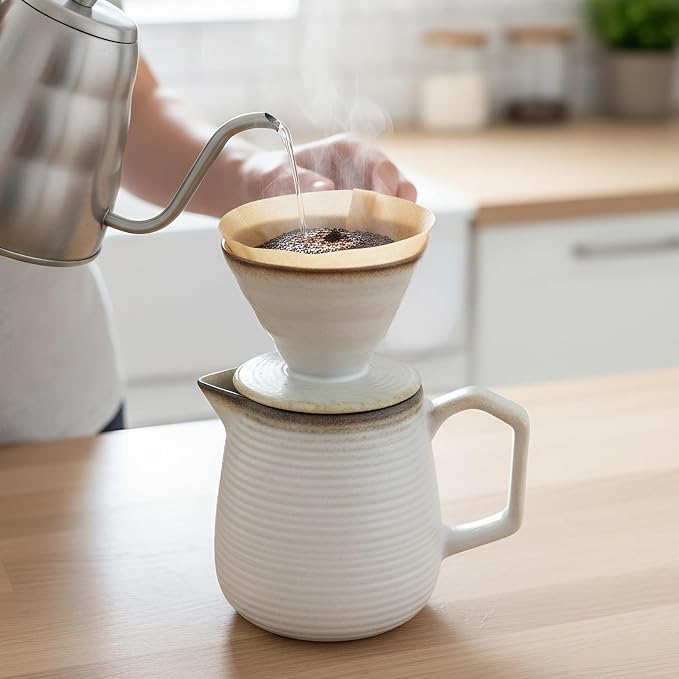 pour over coffee maker - Ceramic Dripper Pot, Heat-Resistant & Easy Clean | Manual Slow Drip Coffee Brewer for Office, Home, Camping 1-3 Cup Pour 20 coffee filters