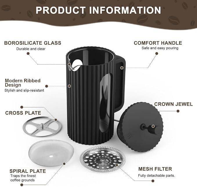 wedrink French Press Coffee Maker 21OZ, Heat Resistant Borosilicate Glass Carafe/Tea Maker Coffee Press Frother Brewer (600ml)