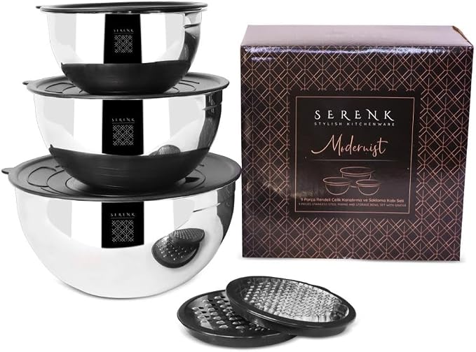 serenk Stainless Steel 9-piece Mixing Bowl Set with Airtight Lids, Nesting Bowls with 2 Graters, Non-slip Silicone Base, Dishwasher Safe, Size 1.42, 2.85, 4.86 QT for Food Storage, Black