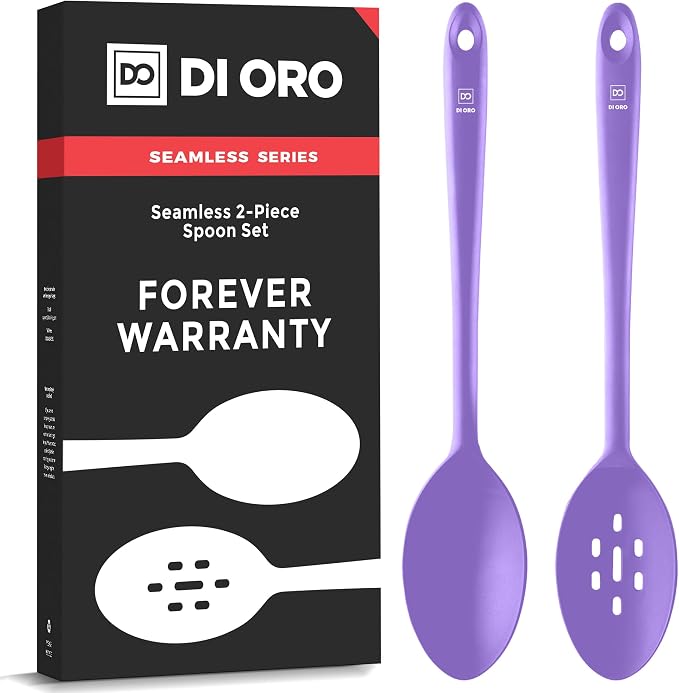 DI ORO Silicone Cooking Spoons - Solid & Slotted Set, 2-Pc Lavender | Large heads for mixing, serving, and stirring; Heat-resistant to 600F for nonstick cookware; BPA-free and dishwasher safe