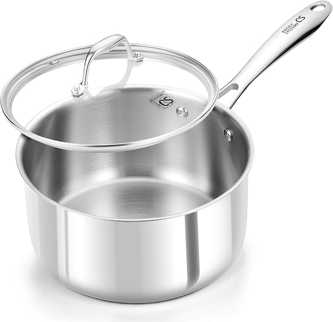KOCH SYSTEME CS Triply Stainless Steel Saucepan, 3 Quart Stainless Steel Pot with lid, Large Cooking Pot, 3QT Sauce Pan with Stay Cool Handle, Induction Compatible Pot, Oven Safe 600°F