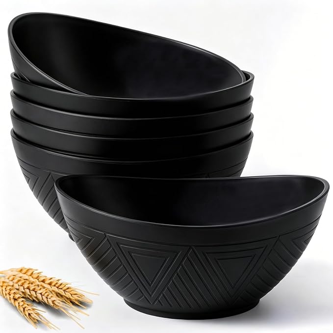 Wheat Straw Bowls Set of 6, 60 OZ Salad Bowl Large Capacity for Soup, Popcorn - Unbreakable Serving Bowl - Microwave & Dishwasher Safe Bowl, Alternative for Plastic Bowls for Kitchen - Black
