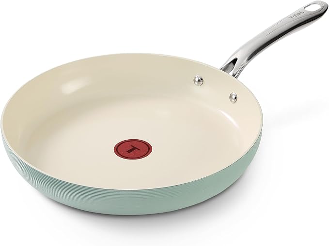 T-Fal Inspire Ceramic Nonstick Frying Pan, 12 in Skillet, Oven Safe 500°F | Textured Exterior, Recycled aluminum body, Thermo-Spot heat indicator, All cooktops except induction, Mint exterior