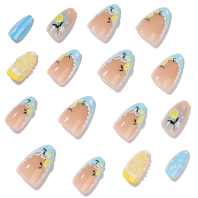 Summer Lemon Press on Nails Short Almond Shape Fake Nails with 3D Lemon Floral Design Blue French Tip Glue on Nails Cute Fruit Beach Acrylic Nail Tips Full Cover False Nails for Women 24Pcs