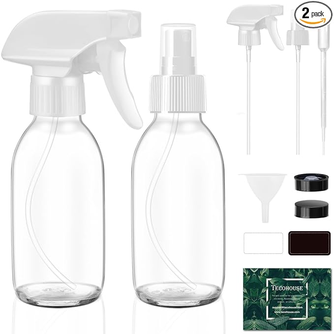 Small Glass Spray Bottle 4 OZ, 2 Pack Empty Clear Glass Spray Bottles | Empty Spray Bottles for cleaning, Plants, Pets, Hair, Durable Spray Nozzle, Fine Mist, Labels, Funnel, Pipettes, Reusable