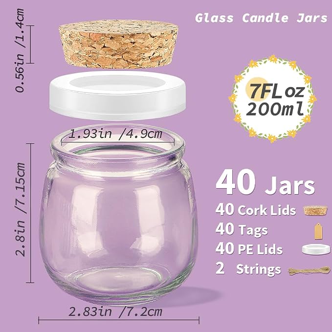 40 Pack 7oz Small Glass Jars with Cork Lids,Mason Jars | PE Lids,Twine & Labels for Candle Making,Yogurt,Wedding Favors,Spice Storage,Dessert Cups,Party Decorations & DIY Crafts