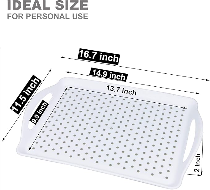 ECOIOU Non Slip Food Serving Tray with Handles, White | 2-Pack Rectangle Anti-Slip Non-Toxic Dishwasher Safe Tray for Snack Fruit Dessert Breakfast Drink