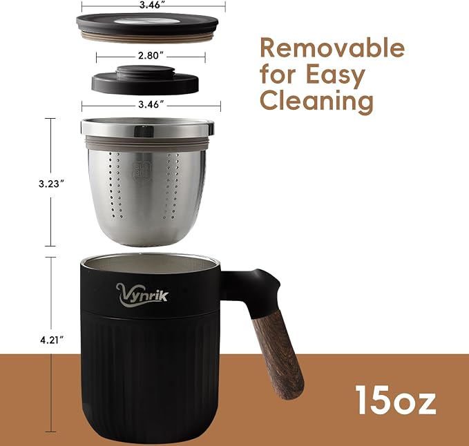 Tea Infuser Cup Doubles As Insulated Coffee Mug, Tea Cup With Lid And Handles, Removable Stainless Steel Tea Strainers For Loose Tea (Black)