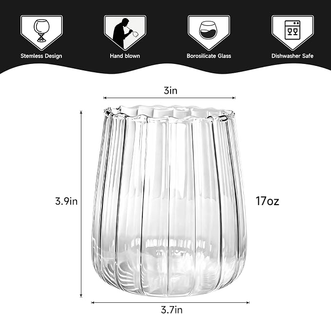 Hand Blown Stemless Wine Glasses Set of 4, 17 oz Borosilicate Glasses with Vertical Ribbed Interior, Lead-Free, Dishwasher Safe, for Red or White Wine and Cocktails