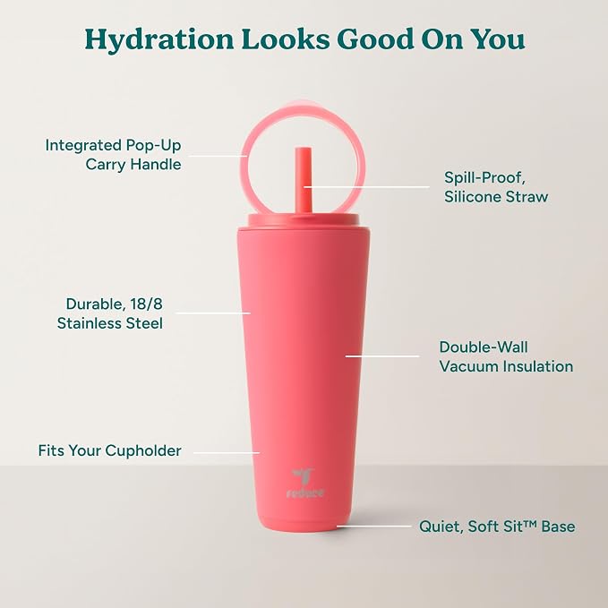 REDUCE Halo 32 oz Stainless Steel Vacuum Insulated Tumbler - Spill Proof Travel Mug with Flip Handle Lid - Keeps Drinks Cold for 32 Hrs - Dishwasher Safe - Cupholder Friendly - Daquiri
