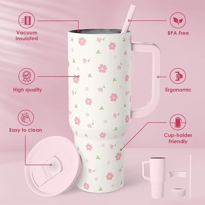 Floral 40oz Tumbler with Handle and Straw – Flowers Insulated Stainless Steel Travel Coffee Mug for Women Girls - Gift Idea for Birthday Christmas Mothers Day