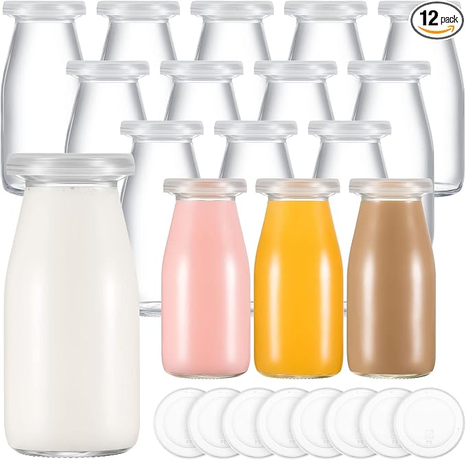 Zubebe 12 Pack 6 oz Glass Jars Milk Bottles with 24 Lids Mini Yogurt Jars | Reusable Small Glass Jars for Juice, Smoothie, Pudding, Jams, Overnight Oats, DIY Crafts, Party Favors, Gift Ideas