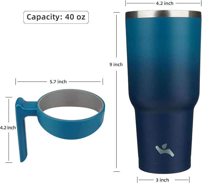 Konokyo 40 oz Tumbler with Handle and Straw, Insulated Travel Mug | Indigo Black; BPA-free, leak-proof tumbler with 2 lids, 2 straws, cup holder fit for coffee, office, travel & daily use