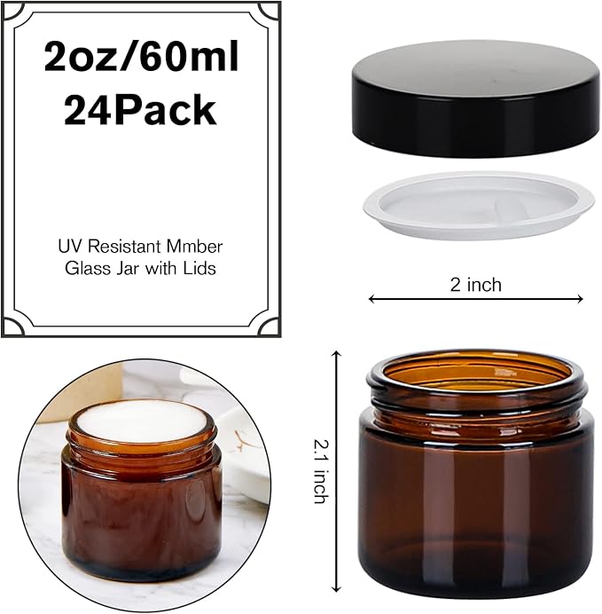 2oz Jars with Lids, Hoa Kinh 24 Pack Amber Cosmetic Glass Jars with Lids | Empty Cosmetic Containers Round Airtight Glass Jar with Inner Liners and Lid for Storing Lotions, Powders, and Ointments