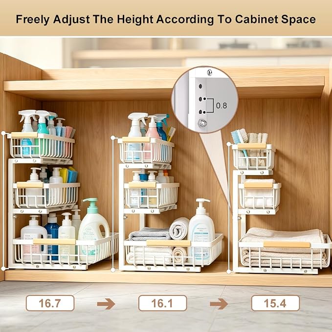 Under Sink Organizer, 3-tier Under Sink Storage Organizer Adjustable Height Easy Assembly Pull Out Cabinet Organizers Basket for Bathroom Kitchen Pantry Home Organization