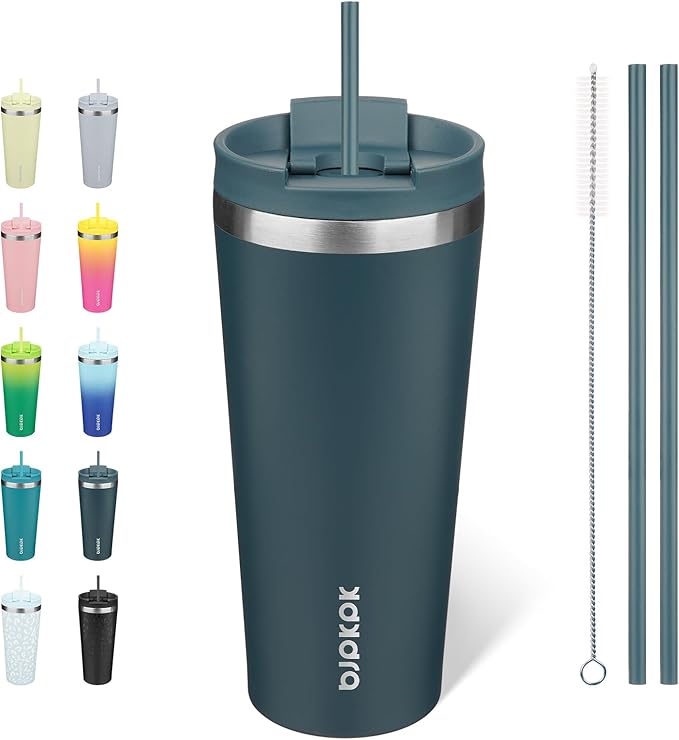 BJPKPK 22 oz Coffee Tumbler with Straw, Insulated Stainless Steel Cup | Double Wall Vacuum, Leak Proof Lid, Keeps Hot/Cold/Iced, BPA Free, Dishwasher Safe, Cupholder Friendly, Travel, Navy Blue