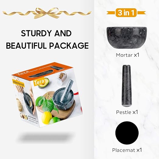 Tera Marble Mortar and Pestle Set Small Bowl Solid Stone Grinder Spice Herb Grinder Pill Crusher (Black, Diameter 4.64")