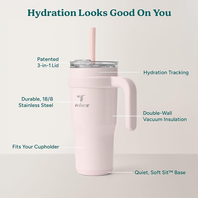 REDUCE 24 oz Stainless Steel Tumbler with Handle - Dual-Wall Vacuum Insulated Travel Mug, Sweat-Proof Lid & Reusable Straw - Keeps Drinks Cold for 24 Hrs, Fits Cupholders, Dishwasher Safe-Pink Cotton