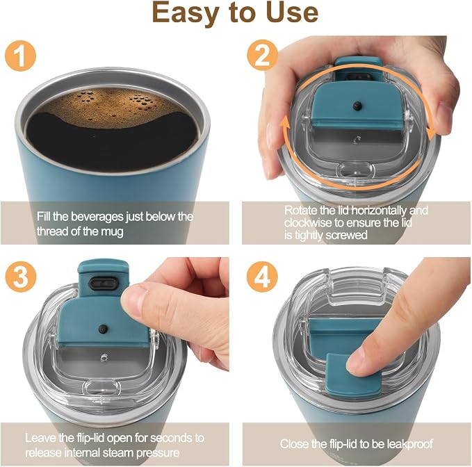 PHILORN Coffee Mug with Lid, 12 OZ Travel Mug, Leak-proof to go Coffee Mug | Stainless Steel Thermal Coffee Mug with Double Wall, Insulated Coffee Tumbler for Men and Women for Hot & Cold Drinks