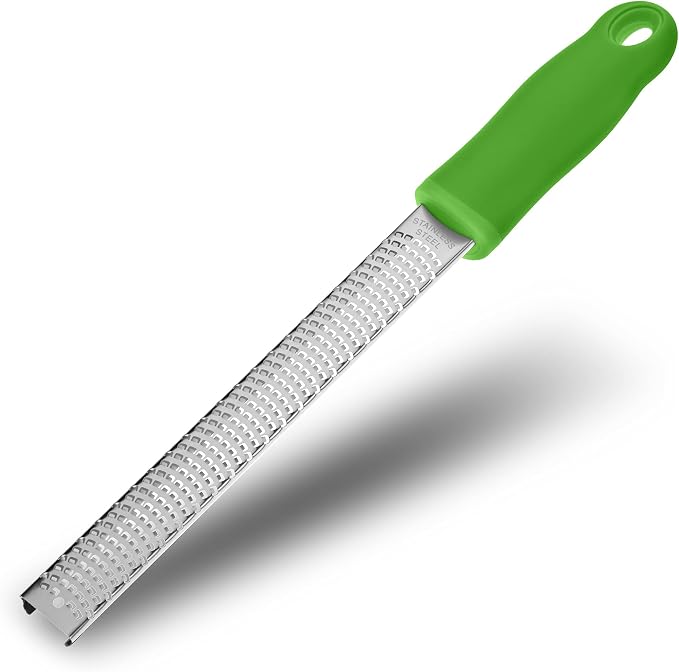 8-Inch Lemon Zester & Cheese Grater, 18/8 Stainless Steel, Green | Fine 18/8 Stainless Steel Blade for Citrus, Parmesan, Ginger and Garlic, Soft Non-slip Handle, Cover, Dishwasher Safe