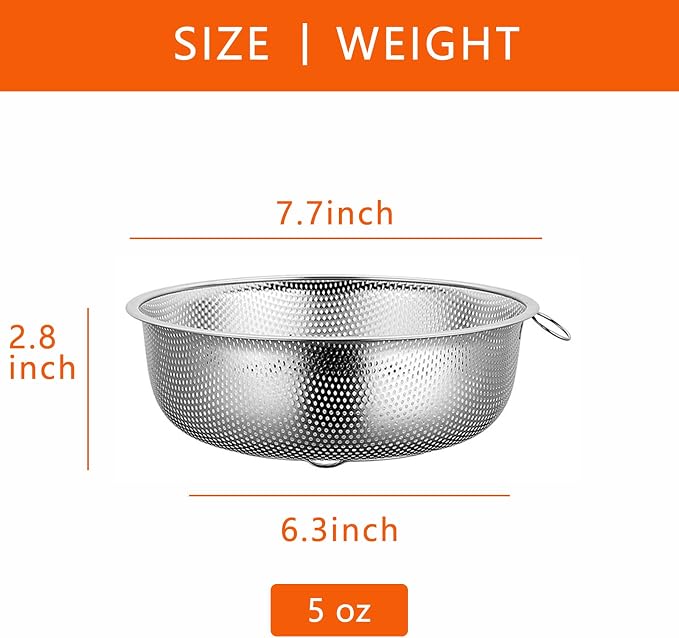 GREATLINK Stainless Steel Colander and Fine Mesh Strainer for Kitchen, 7.7Inch Pasta and Rice Strainer, Small Metal Sieve/Washing Bowl/Pot Drainer/Sifter for Spaghetti, Berry, Fruit, Vegetable