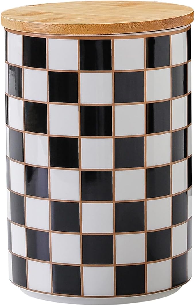 Kitchen Countertop Ceramic Checkered Canisters,Black And White Food Storage Containers With Lid,Airtight Kitchen Canisters for Flour, Sugar, Coffee, Tea, and Dry Goods (Black, XL)