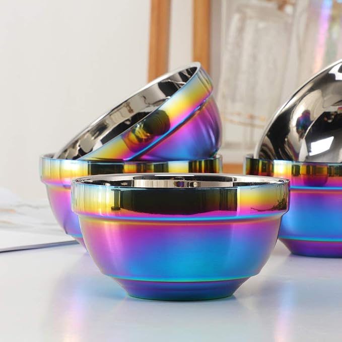 Large Rainbow 304 Stainless Steel Bowl Set of 4, Double-Walled Heat Insulation Anti-Scalding Kitchen Soup Bowls, Drop Resistance Children Bowl Salad Bowl Set for Mixing (5.1 Inches Diameter)