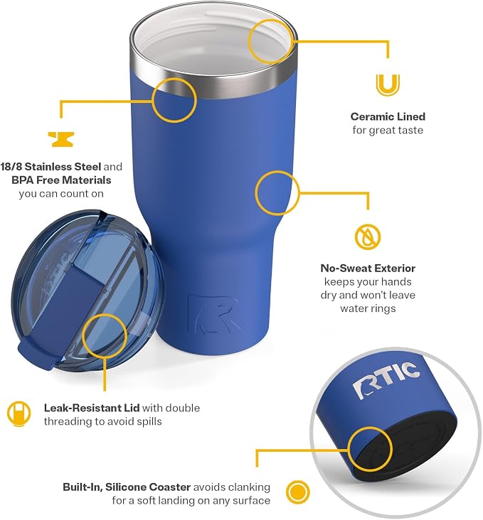 RTIC 40oz Essential Tumbler with Lid, Ceramic Lined, Cobalt | Insulated, Stainless Steel Metal, Portable Travel Cup for Hot and Cold Drinks, Coffee, Car, Camping and Travel