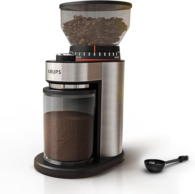 KRUPS Flat Burr Coffee Grinder 18 Settings 2-20 Cups Stainless Steel | Ultra-fine espresso to extra-coarse French press, Removable hopper and chamber, Even grinding for better flavor extraction