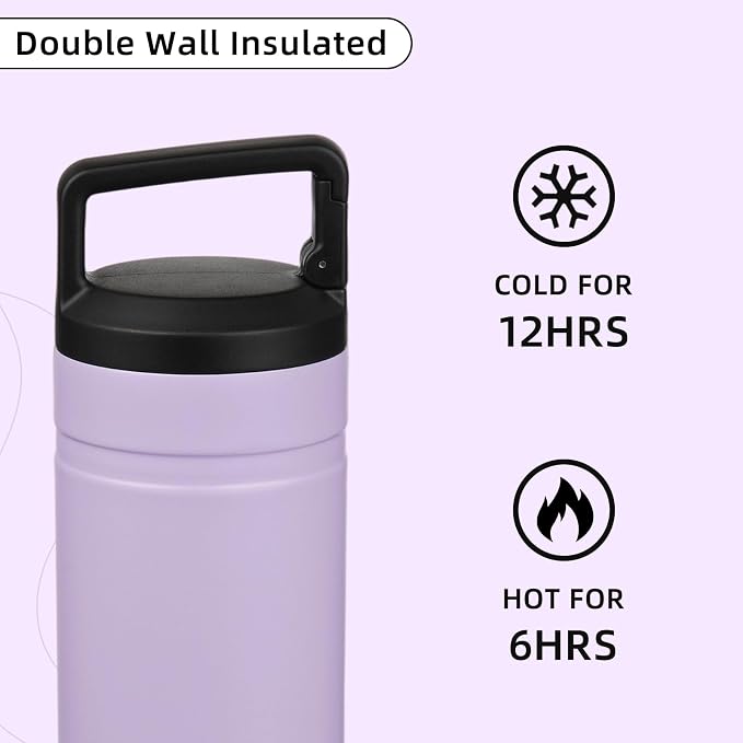 BJPKPK 20 oz Insulated Travel Water Bottle, Coffee Tumbler Stainless Steel | Double Wall Vacuum, Leakproof, Thermal, Keeps Hot/Cold, BPA Free, Dishwasher Safe, Spill Proof, Wide Mouth, 2 Lids, Purple