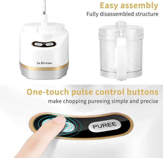 La Reveuse 2 Cup Mini Food Processor, Electric Chopper Small, White | for Mincing, Chopping, Grinding, Blending, Puree, 2 Pulse Speeds, Dishwasher Safe, (1) Spatula Included, 200 Watts, LARB1814W