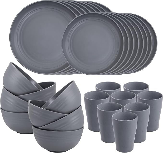 32 Pcs Dark Grey Wheat Straw Dinnerware Sets For RV And Dorm Room | Unbreakable Reusable Plastic Plates And Bowls Sets Feature Light Weight Design For Outdoor Camping And Everyday Dining