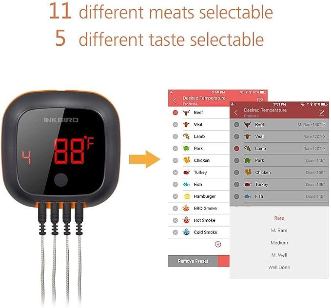 INKBIRD Bluetooth Digital Wireless Food Meat Thermometer IBT-4XS, 4 Probes | 150FT Rechargeable BBQ Cooking Kitchen Food Meat Thermometer, LED Backlit Timer Alarm Magnet, Grill BBQ Smoker Oven Drum