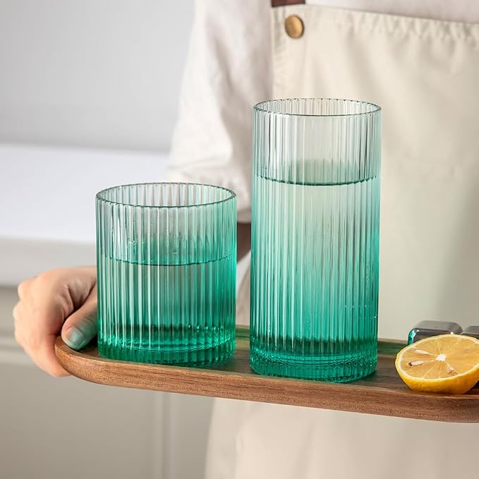 Ribbed Drinking Glasses 8pcs, 12oz and 10oz Glassware, Tumbler Glasses Cup Set for Wedding, Party, Christmas Gift, Green