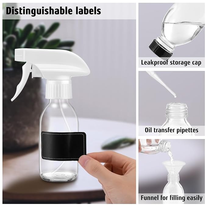 Small Glass Spray Bottle 4 OZ, 2 Pack Empty Clear Glass Spray Bottles | Empty Spray Bottles for cleaning, Plants, Pets, Hair, Durable Spray Nozzle, Fine Mist, Labels, Funnel, Pipettes, Reusable