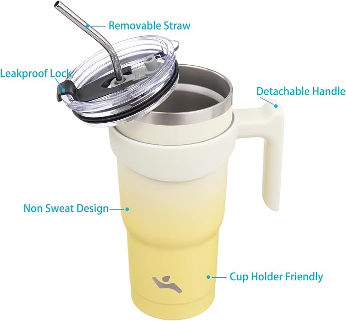 Konokyo 20 oz Tumbler with Handle and Straw, Insulated Travel Mug | Lemon; BPA-free, leak-proof tumbler with 2 lids, 2 straws, cup holder fit for coffee, office, travel & daily use