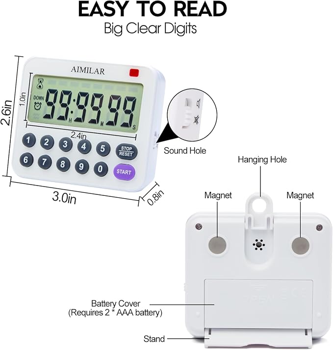 AIMILAR Magnetic Digital Kitchen Timer with Direct Numerical Keypad, Loud Alarm - 99Hr Countdown Count Up Timer for Cooking Baking Classroom, Batteries Included