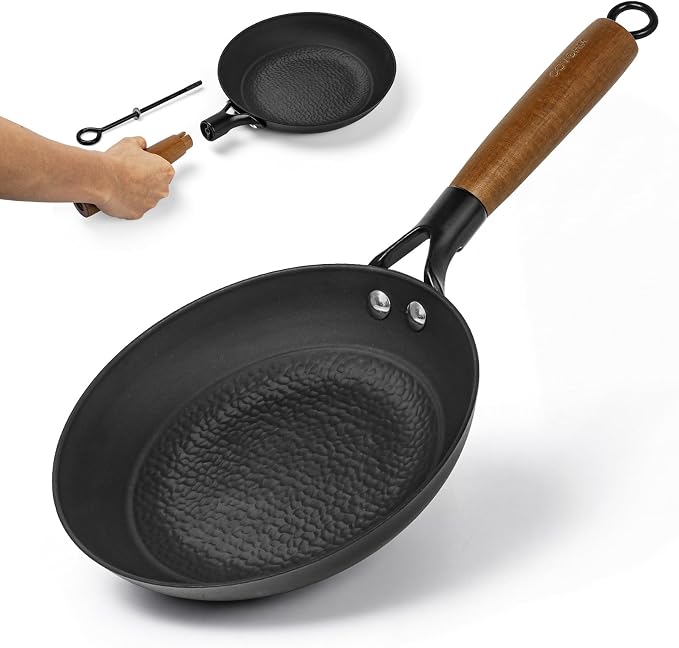 8" Lightweight Titanium Enameled Cast Iron Skillet, Hammered Nonstick Frying Pan with Removable Wood Handle for Eggs, Bacon, Pancakes, Burgers
