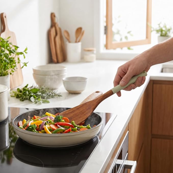 DI ORO Wooden Kitchen Utensil Set - 5 Pc Spoon & Spatula, Sage | Won't scratch nonstick pots and pans; Natural hardwood, easy to hand wash; For cooking, serving, stirring, and turning