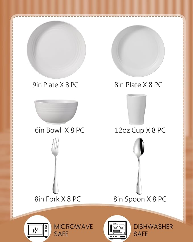 48 Piece Plates and Bowls Sets for 8- Unbreakable Wheat Straw Dinnerware Sets Includes Stainless Steel Forks for Picnic Camping Outdoor Kitchen and Apartment Dinning RV Essentials-White