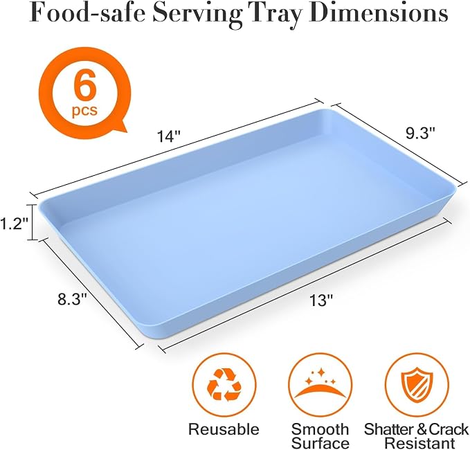 WOWBOX 6 pcs Serving Tray for Entertaining, Serving Platters for Snacks, Fruit, Cookies, Dessert, Reusable Plastic Trays for Serving Food and Pantry Organization in Kitchen & for Parties, (Blue)