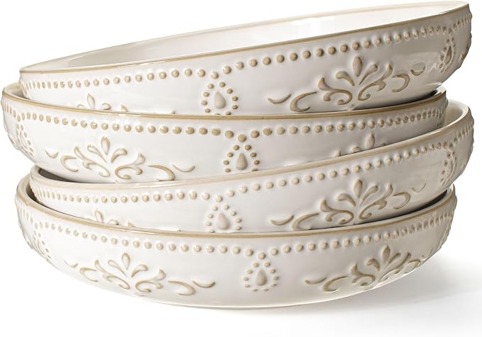 Pasta Bowls, 50oz Large Salad Serving Bowls, 9.75'' Plates Bowl Set of 4, Big White Ceramic Soup Bowl for Kitchen, Embossment Shallow Dinner Bowl, Microwave Dishwasher Safe, Damask Floral
