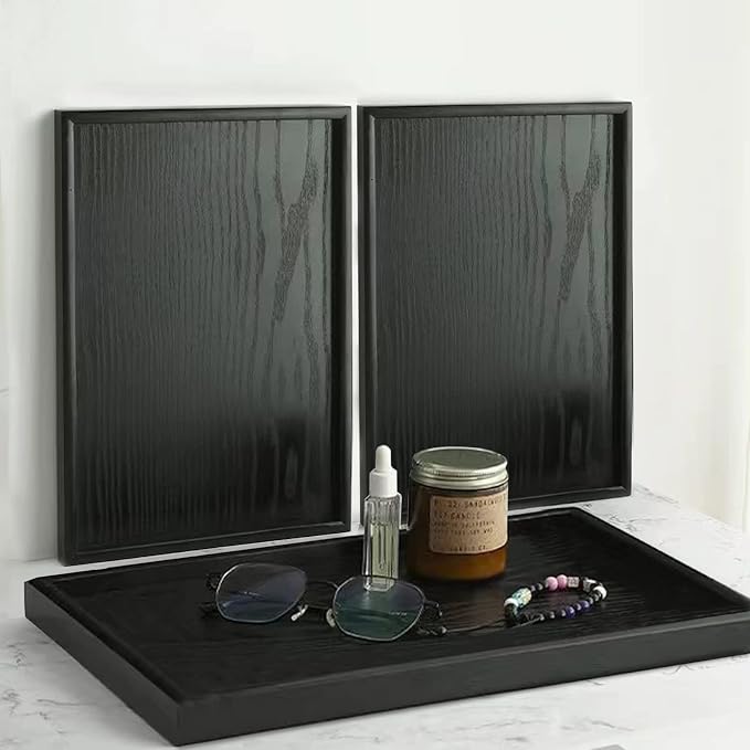 22 x 18 Inches Extra Large Solid Wood Serving Tray for Tea Coffee Table Snack Food Meals Serving Plate Kitchen Party Bar Breakfast Server with Raised Edges Black Wooden Decorative Ottoman Tray