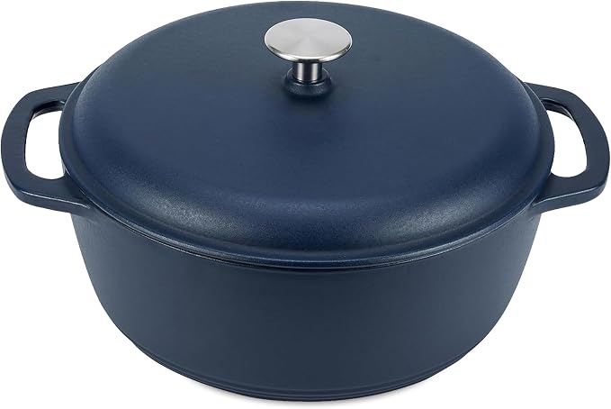 Amazon Basics Enameled Cast Iron Dutch Oven Pot with Lid, Round, Dual Handles, Heavy-Duty, Oven Safe for Stews, Roasting, Baking,6-Quart, Matte Navy