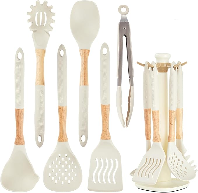 Kitchen Utensils Set - 7 PCS Non-Stick Silicone Cooking Utensils Set Spatula Set with Holder, Wooden Handle Spoon,Tongs,Whisk Kitchen Gadgets Tools Set for Nonstick Cookware (Cream White-7Max)