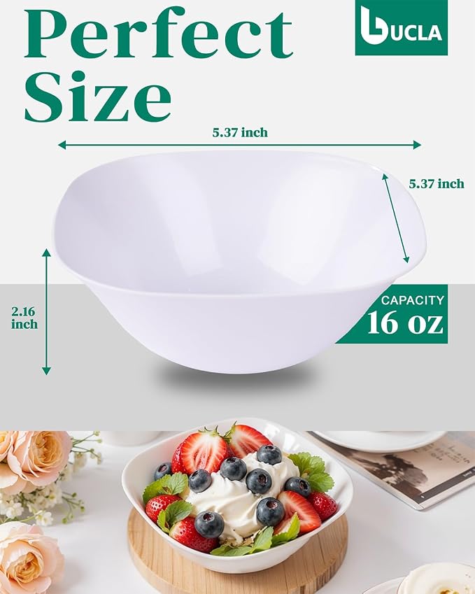 bUCLA 50Pack White Plastic Serving Bowls - 16oz Disposable Serving Bowls for Party Dessert/Ice Cream/Salsa/Snack